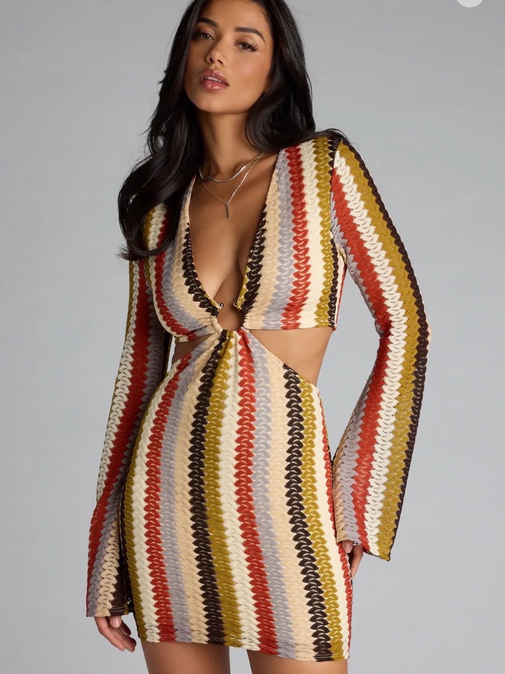 Windsor Striped Cutout Mini Dress in Cream, Rust, Olive, Brown